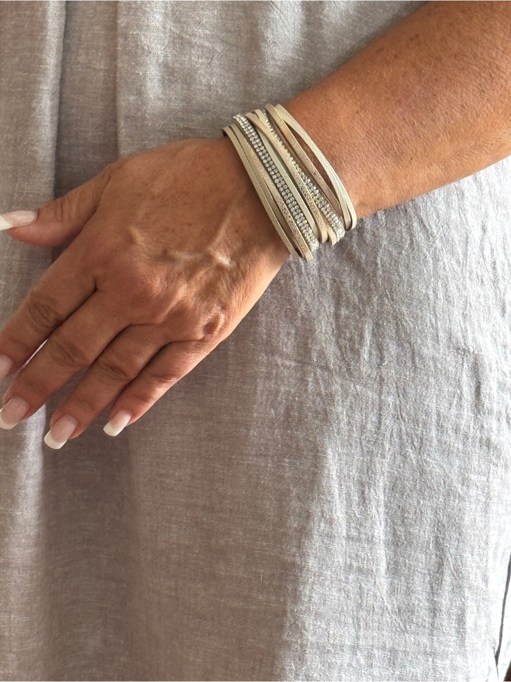Multi-Strand Beige Leather and Crystal Wrap Bracelet